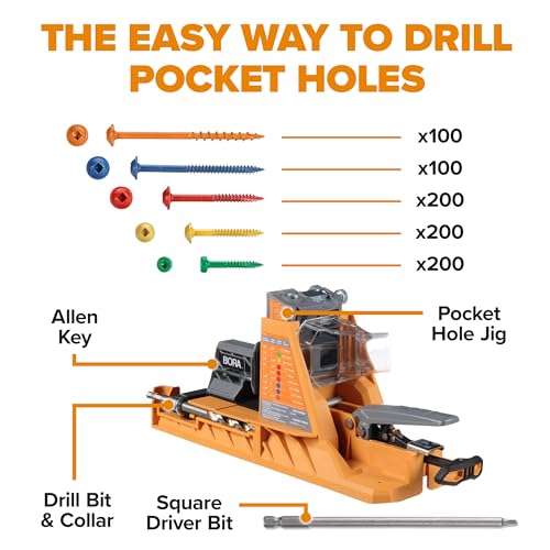 BORA Automatic Pocket Hole Jig Kit with 800 pc Screws - size: Auto Jig w/ 800pc Fine Screws
