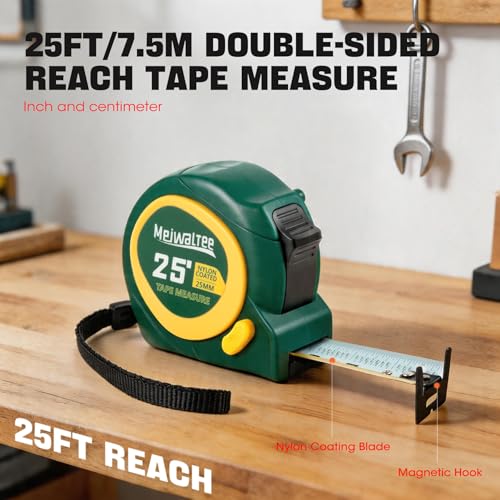 25FT-1 In Blade Width Tape Measure With Fractions, 3 Brake Buttons Retractable Measuring Tape, Both Side Measurement, Double-Magnetic Hook Double-Sided Nylon Reinforced Blade, Easy to Read Bold Lines.