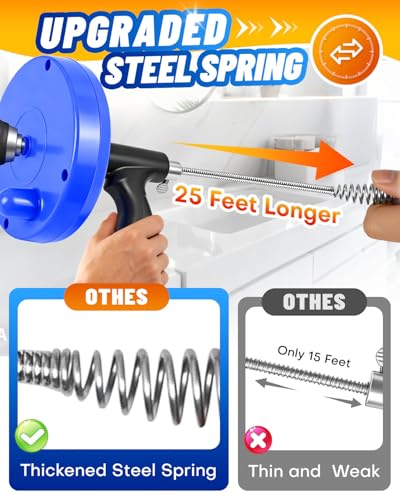 Drain Auger, 25FT Drain Snake with Drill Adapter, Flexible Plumbing Snake Clog Remover with Gloves & Cloth Bag, Use Manually or Powered for Kitchen Bathroom Shower Sink - Blue - color: Bule