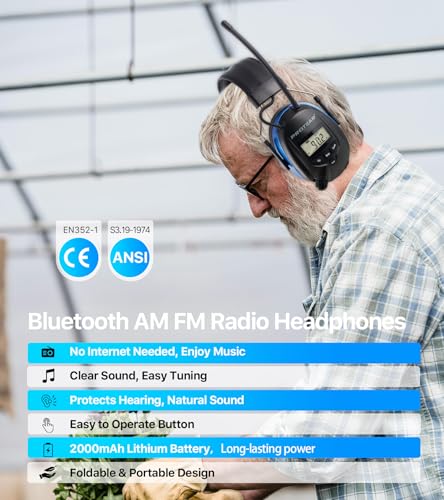 AM FM Radio Hearing Protection Earmuff, Bluetooth 5.4, 30SNR - color: Am/Fm+ Bluetooth-blue