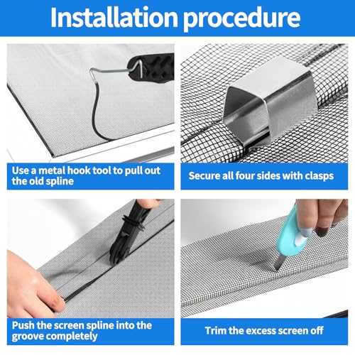 Window Screen Repair Kit, 48"x118" Screen Door Mesh Replacement Kit, Durable Fiberglass Black Window Screen kit with Tools, Rolling, Hook, Spline, Clips for Windows Doors Patio and Porch