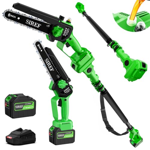 Electric Pole Saw 6inch Mini Chainsaw Cordless Brushless 6.0Ah Batteries Fast Charger Telescopic Power Pole Saw Tree Trimmer Limb Branch Cutter Pruner 16 Ft Max Reach Multi-Angle Green - color: Green-1 Battery