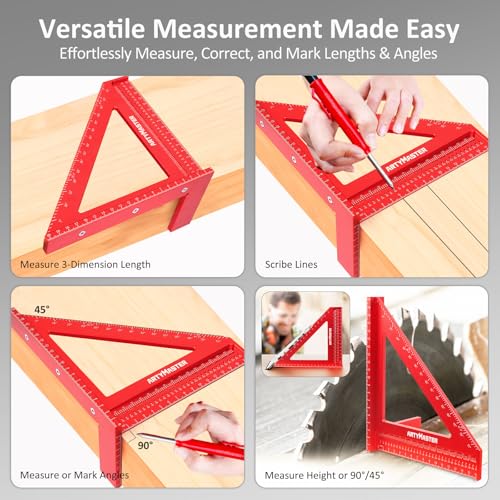 200mm 3D Multi-Angle Measuring Square Ruler, WT103D High Precision Hole Scribing Woodworking Tools, 0-90° Aluminum Alloy Carpenter Square Wood Working Tools, Carpenter Pencils 6 Refills. - color: 200mm Square+Pencil, style: Metric