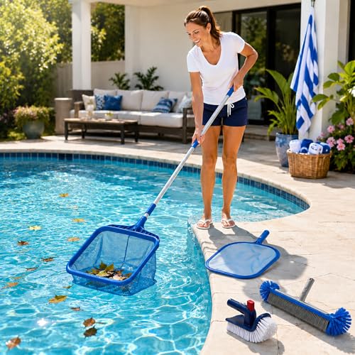 4pcs Pool Cleaning Kit Heavy Duty Skimmer, Rake, Brushes (No Pole)