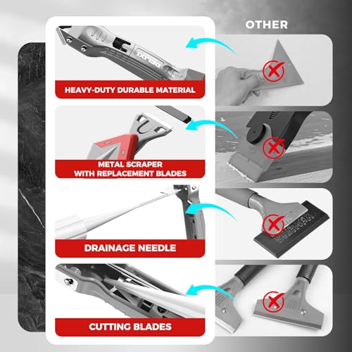 5 in 1 Caulking Tool with 5 Silicone Pads and 4 Glass Glue Corner Scrapers, Caulk Remover Tool with Replacement Blades and Unclogging Needle, Caulking Removal Tool for Kitchen Bathroom - size: 5 in 1