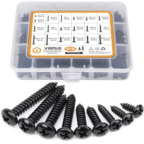 VIGRUE 410Pcs Stainless Steel Black Wood Screws Set #4#6#8#10 Phillips Pan Head Sheet Metal Screws Self Tapping Wood Screws Assortment Kit, Length 1/4" to 1-1/2" - style: 410PCS #4#6#8#10 Stainless Steel Black Pan Head