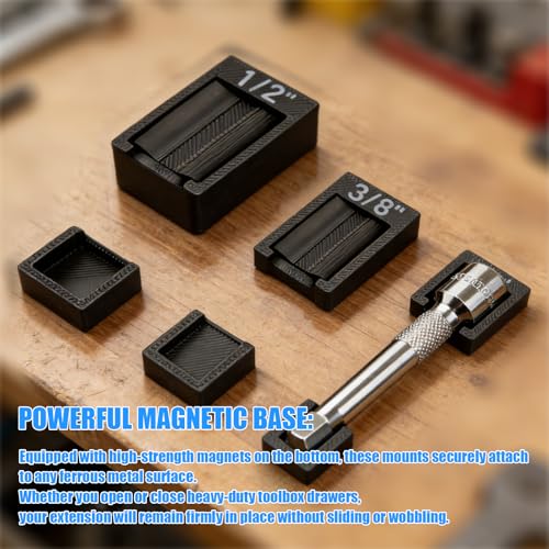 Magnetic Socket Extension Holder Set 3-Piece ratchet organizer for 1/2", 3/8", and 1/4" Drive Extensions, Professional Garage Drawer Storage with Strong Magnetic Base, Red (Black) - color: Black