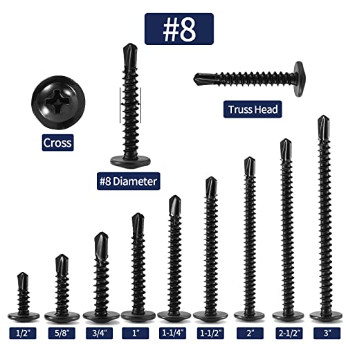 #8 x 1-1/2" Sheet Metal Screws 500PCS 410 Stainless Steel Truss Head Fast Self Tapping Screws Black Oxide by SG TZH - color: Black, size: #8 x 1-1/2"