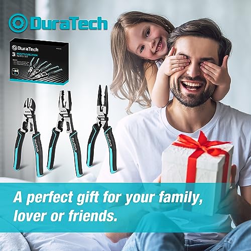 DURATECH 3PCS Pliers Set, Large 6 in 1 Multifunctional Wire Stripper Crimper Cutter, 8.5" Long Nose Pliers, 8.5" Linesman Pliers, 8" Diagonal Side Cutting