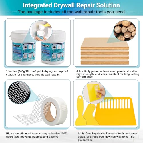 37 Pcs Drywall Repair Kit with 12"x12" Dry Wall Panel, Dry wall Patch Kit Sheetrock Repair Kit with Spackle, Mesh Tape, Putty Knives & Sanding Block for Sheet Rock Wall Surface Ceiling Large Hole Fill - style: 2 Bottle Wall Repair Agent