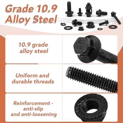 384-Piece Metric Flange Bolt Kit, M6 M8 M10, Black Alloy Steel - color: Black, size: M6 M8 M10 -384Pcs