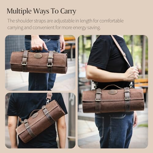 XINZUO Chef Knife Roll Bag-Professional Chef Knife Case-16oz Waxed Canvas and Crazy Horse Leather -With 12 Slots Plus 2 Zipper Pockets to Hold Kitchen Cooking Tools-Travel Tool Roll Pouch(Bag Only) - color: Brown
