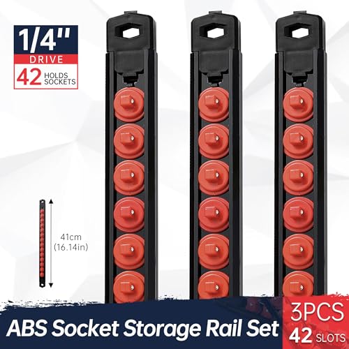 Reniteco Magnetic Socket Organizer, 3-Piece 1/4-Inch Drive ABS Sockets Rail, Heavy Duty Sockets Holder, Socket Rack Kit 1/4-Inch x 42 Clips - color: Red, size: 3 Pcs 1/4" DR