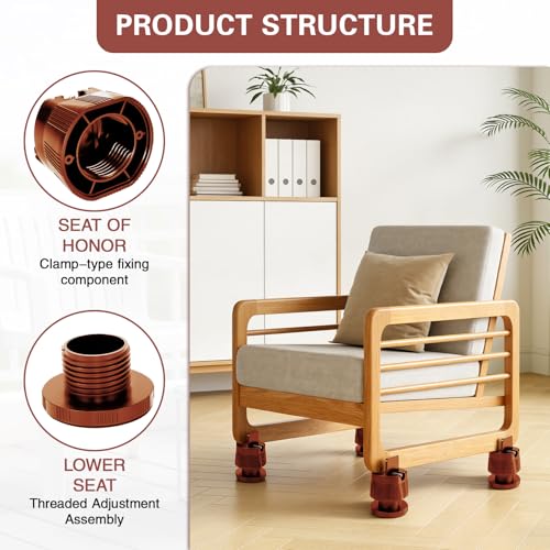 4 Pack Adjustable Furniture Risers 2.36" to 3.15", Heavy Duty Bed Risers with Clamp Design, Clamp-On Levelers for Chair Table Sofa Cabinet Legs, Furniture Height Extenders Leg Lifts (Brown) - color: Brown
