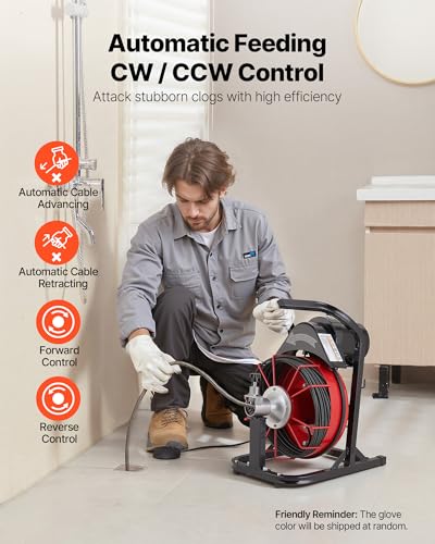 VEVOR Drain Cleaner Machine 50 FT x 5/16 Inch, Auto Feed Sewer Snake Auger with 4 Cutters & Air-Activated Foot Switch for 2" to 4" Pipes - style: 50 FT x 5/16''