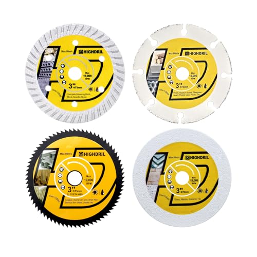 HIGHDRIL 3" 75mm Circular Saw Blade Set 4pcs - Diamond/HSS/Carbide Cutting Disc for Angle Grinder Cutting Soft Metal Copper Aluminum Granite Tile Marble Granite Plastic Wood Glass - size: MIX 5