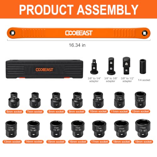 Pro Offset Extension Wrench 19PCS, Impact Wrench Extender Tools Socket Set - color: Orange