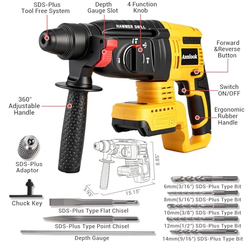 SDS-Plus Cordless Rotary Hammer Drill Compatible with DeWalt 20V MAX Battery (Tool Only), Hammer Drill for Concrete with 4 Functions, Rotomartillo Brushless Motor Includes 5 Drill Bits, 2 Chisels