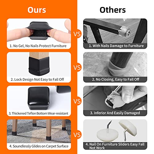 Ezprotekt 24 Pcs Chair Sliders for Carpet, Square Chair Glides for Carpet, Teflon Furniture Pads for Carpet, Chair Leg Protectors Caps for Carpet for Dining Table Chair, Black M (Fit: 0.75"-1") - size: M-Black