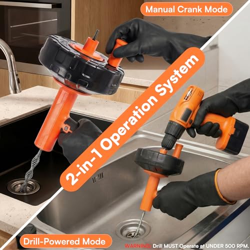 Drain Snake 33ft Flexible Steel Spring, Drain Auger with Drill Adapter