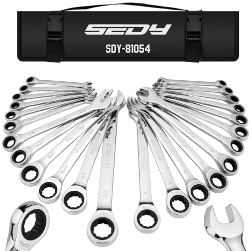 Premium 24-Piece Ratcheting Wrench Set, SAE & Metric Combination Wrenches, 8-19mm / 1/4"-7/8", 72-Tooth Ratchet Spanners, Chrome Vanadium Steel with Roll-Up Pouch for Mechanics - color: 24-pc Ratcheting (Chrome Finish)