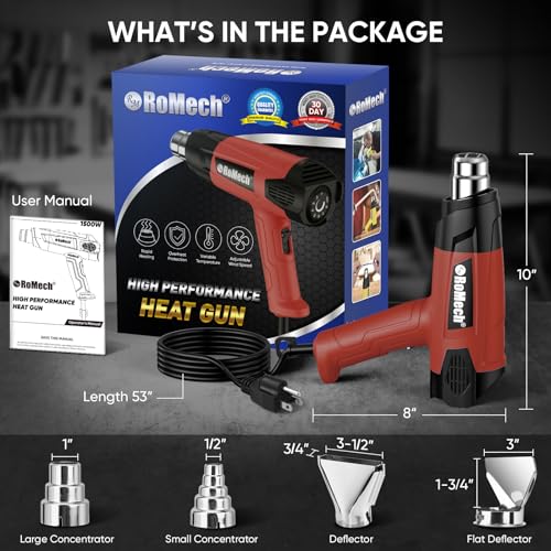 ROMECH 1500W Heavy Duty Heat Gun, Variable Temperature Control Hot Air Gun Kit with 2 Air Flow 120°F~1200°F and 4 Nozzles for Crafts Shrink Wrap (Red) - color: Red