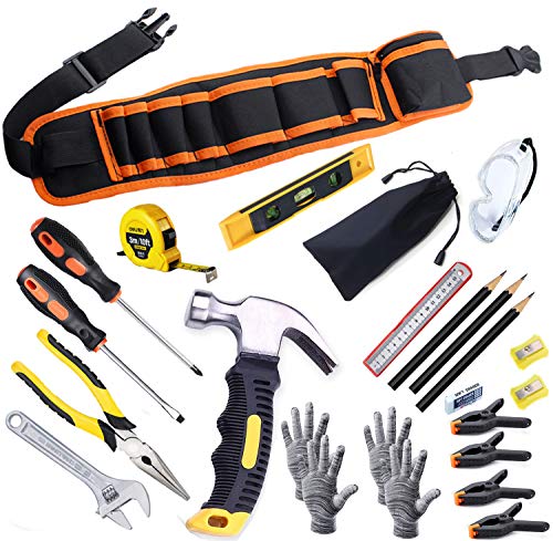 Kids Real Tool Set 25Pcs for Young Builders,Children Size Real Hand Tools Hammer,Kids Educational Tool Belt Waist Junior Boys Teens Beginner Starter Learning DIY Woodworking Construction Repair Set - size: 25 PCS