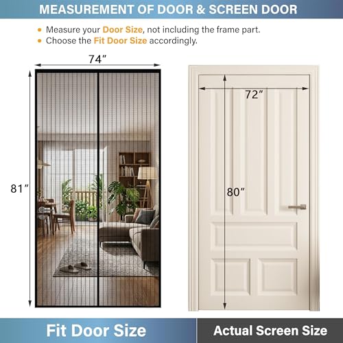 Door Net Screen with Magnet, Fits 72" x 80" Doors, 36 Magnets Auto Close - size: Fits Door 72x80 inch