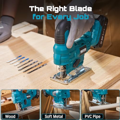 SEESII Jig Saw, Cordless Jigsaw Tool with 2×2.0Ah Batteries and Charger - color: Blue
