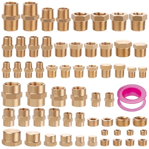 60Pcs Brass Pipe Fittings Assortment Kit,1/8" 1/4" 3/8" 1/2" NPT | Reducer Bushing,Hex Nipple,Reducing Hex Coupling,Hex Heand Plug,End Cap and Socket Plug Fitting Kit