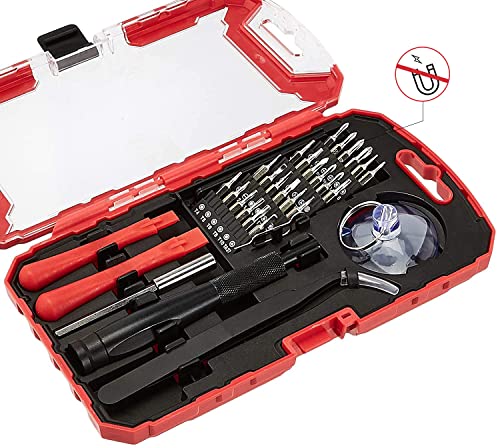 Amazon Basics Precision Screwdriver Set, 32-Piece Electronics Repair Tool Kit for Laptops, Smartphones, Eyeglasses, Watches, Magnetic Tip, Red