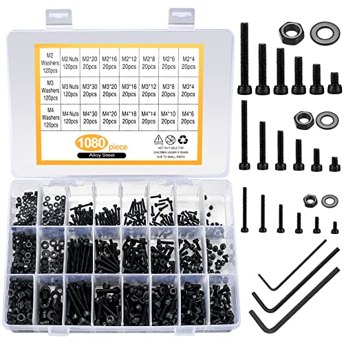 1080 Pcs M2 M3 M4 Hex Button Socket Head Cap Screws Bolts Nuts Flat Washers Assortment Kit, Alloy Steel Black Machine Screws and Nuts and Bolts and Washers Set (1080Black) - color: 1080Black
