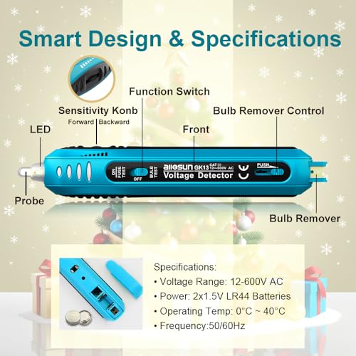 allsun Christmas Light Tester with 50pcs 2.5V Bulbs, Non-Contact Voltage Tester and Repair Tool, 12-600Vac Christmas Tree Light Tester for Holiday String Lights, Bulb and Fuse Checker - style: Light Tester+50pcs Blubs, Christmas Light Repair Tools