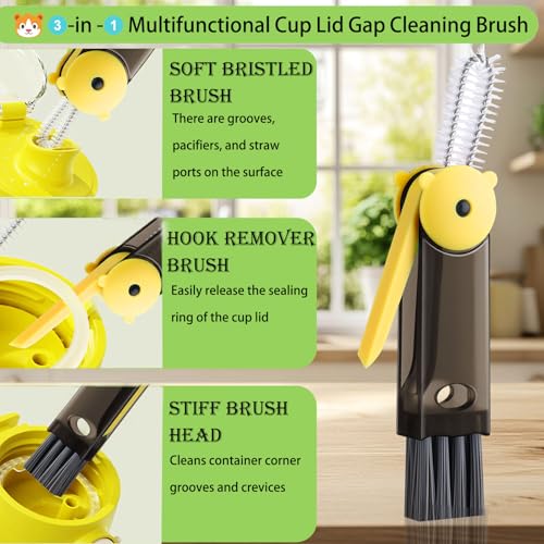 3 in 1 Cup Lid Cleaning Brush - Upgraded Version Cup Lid Brush with Packaging Box, Suitable for All Types of Cups, Bottle Gaps, Portable Travel and Home Kitchen Multifunctional Cleaning Set (3pcs) - color: Blue, Green, Black(little Bear)