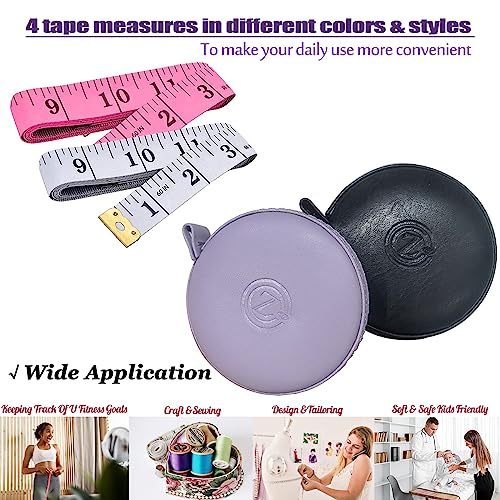 Tape Measure, 4 Pack Measuring Tape for Body Cloth Measurement Tape for Sewing Tailor Fabric Measurements Double Scale Soft Pink & White Tape Measure Retractable Measuring Tape Set - color: Black Purple Pink White 4 pack