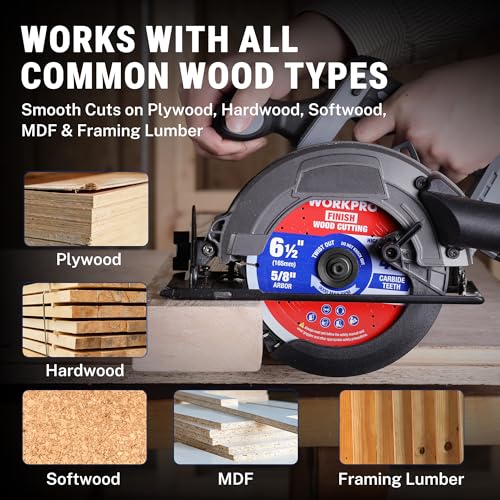 WORKPRO 6-1/2" Circular Saw Blade, 60T Fine Finish Wood Cutting | Trim & Smooth Finish Cuts, Thin Kerf Carbide Tipped ATB Teeth for Plywood, DIY Woodworking Projects, 1 Pack