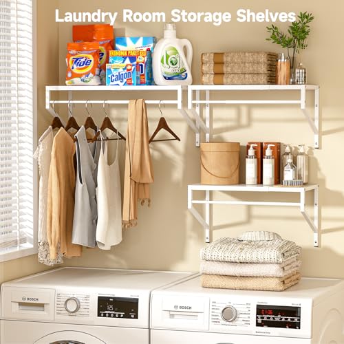 ThreeHio Expandable Closet Shelves Wall Mounted, 3 Pack Closet Shelving with Hanging Rods, Wall Shelving for Walk-in Closet, Hanging Shelves Organizer and Storage for Closet, Laundry - size: 3 Pack