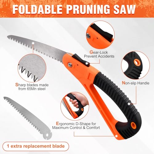 D-Handle Folding Hand Saw with Ergonomic Grip, 7" High Carbon Steel Blade + 1 Extra Replacement Blade for Tree Pruning, Camping, Wood Cutting & Gardening