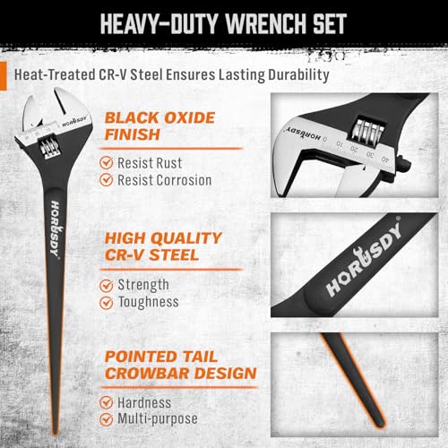 HORUSDY 3-Piece Adjustable Spud Wrench Set, 10", 12", 16", CR-V Steel, SAE & Metric Scale, Black Oxide Finish, Heavy Duty Wrenches for Construction, Mechanical Repair, DIY and Outdoor Projects - style: 3PC Spud Wrench Set(10" 12" 16")