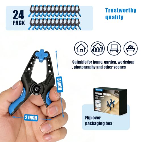 24 Pack 3 inch Heavy Duty Spring Clamps, Small Plastic Clamps for Woodworking, Backdrop, Photography, Backdrop Stand, Crafts with 1.5 inch Jaw opening - size: 3" Pack of 24