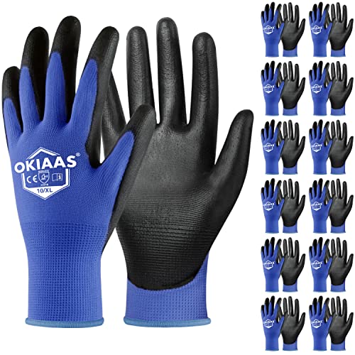 OKIAAS PU Coated Work Gloves Men, Ultra Grip & Lightweight, 12 Pairs Bulk - color: Blue (12 Pairs), size: X-Large