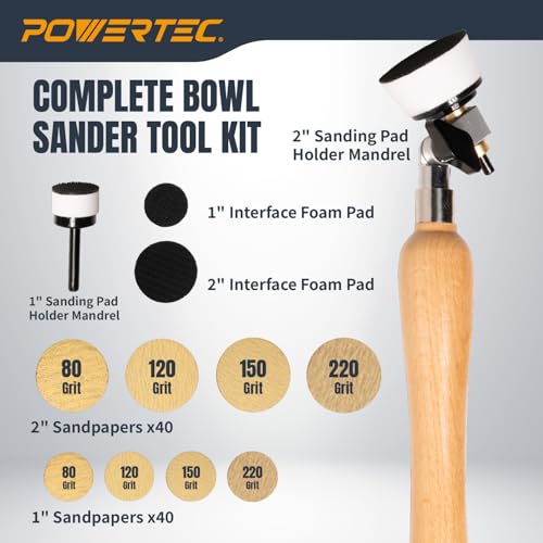POWERTEC Bowl Sander Tool Kit with Double Bearing Holder and 1" & 2" Hook & Loop Sanding Discs | 1/4" Mandrels, Adjustable Head, 80 Sanding Pads of Each Size - 80/120/150/220 Grits (72233) - style: Bowl Sander Tool Kit