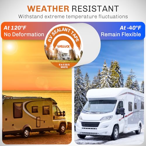 WELLUCK RV Roof Sealant Tape Camper Roofing Repair Tape, 6 Inch X 50 Foot Natural White RV Tape for Roof Repair Camper Trailer Boat Sealing Leak Repair, UV & Waterproof - style: 6 Inch X 50 Foot White