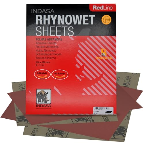 INDASA Rhynowet Red Line Wet Dry Sanding Sheets 9 x 11 Inch 600 Grit Waterproof Latex Backing Abrasive Paper for Wood Metal Automotive Surface Prep Pack of 50 - size: 600-Grit 9"x11"