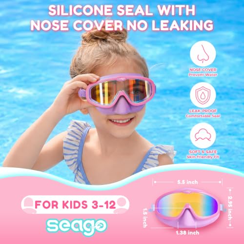 Seago Kids Swim Goggles with Nose Cover 2 Pack for 3-14 Anti-Fog Clear View - color: Yellow & Pink