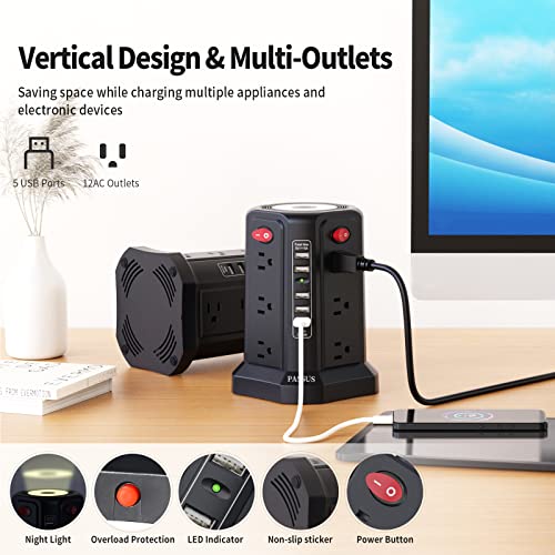 PASSUS Surge Protector Power Strip Tower with 5 USB Ports Black - color: Black-5 USB A