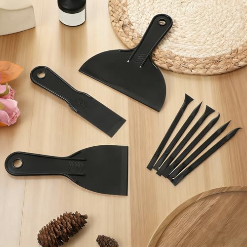 6 Pcs Plastic Putty Knife Scraper and 6 Pcs Flexible Carbon Fiber Plastic Scraper Tool, Non Scratch Scrapers Tool for Tight Spaces Label Scrapers Pen Shaped for Car Cleaning, Small Crevices, Drywall