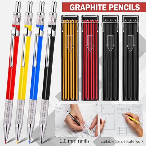 MotiMind 22 Pack Mechanical Carpenter Pencil Set with 78 Pencil Refills and Sharpener, Mechanical Pencils, Deep Hole Long-nib Marker Pens for Architect Heavy Duty Construction Pencils for Woodworking