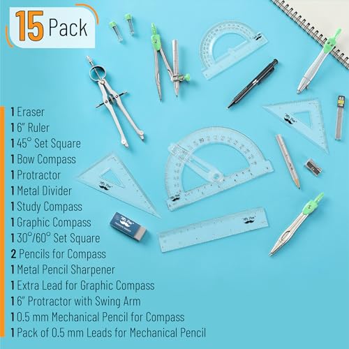 Mr. Pen- Geometry Set, 15 pcs, Green, 6 Inch Swing Arm Protractor, Divider - color: Green