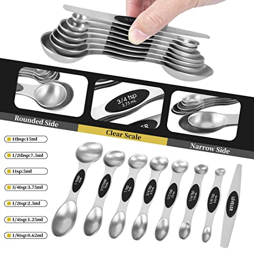 16 Pieces Measuring Cups and Magnetic Measuring Spoons Set Stainless Steel,8 Measure Cups with Silicone Handle and 7 Double Sided Magnetic Measure Spoons & 1 Leveler